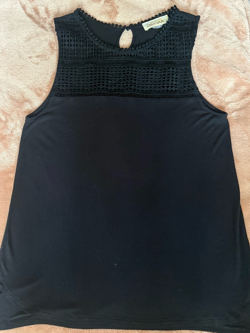 Davina Black Lace Crochet Sleeveless Top Tank Size S Flirty Geometric Neckline